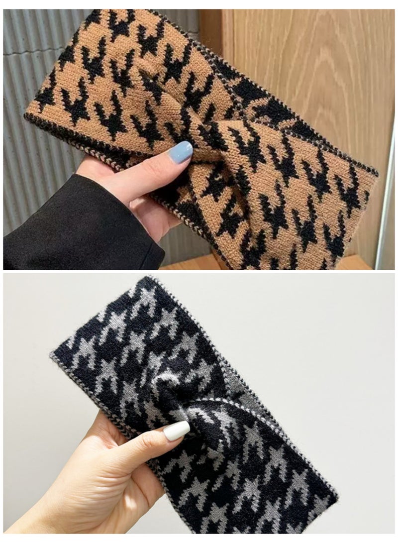 طقم ربطات رأس محبوكة بنقشة مربعات هاوندستوث، قطعتان | ربطات رأس عريضة بتصميم عمامة للنساء، مناسبة للاستخدام اليومي - Image 1